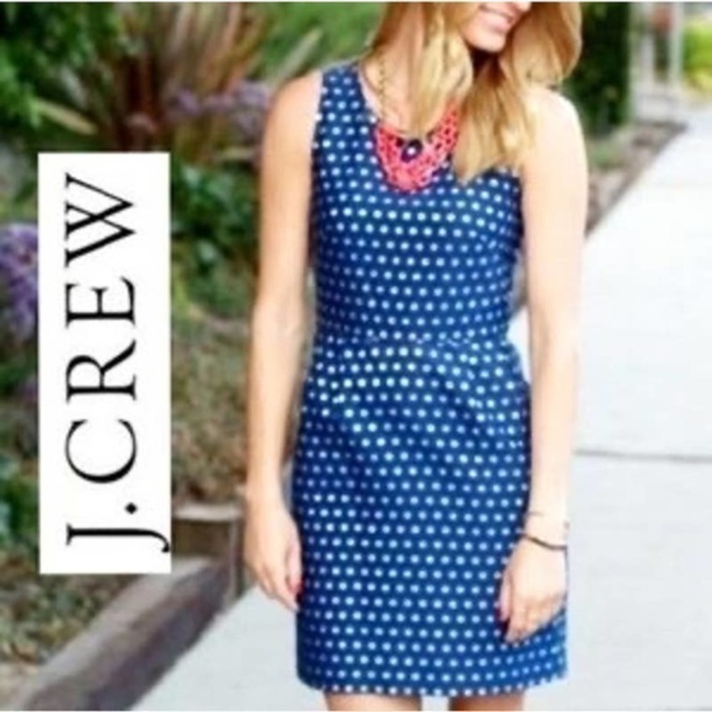 J. CREW NAVY & SILVER POLKA DOT SLEEVELESS WOMEN'S SHEATH DRESS silk blend SZ 4
